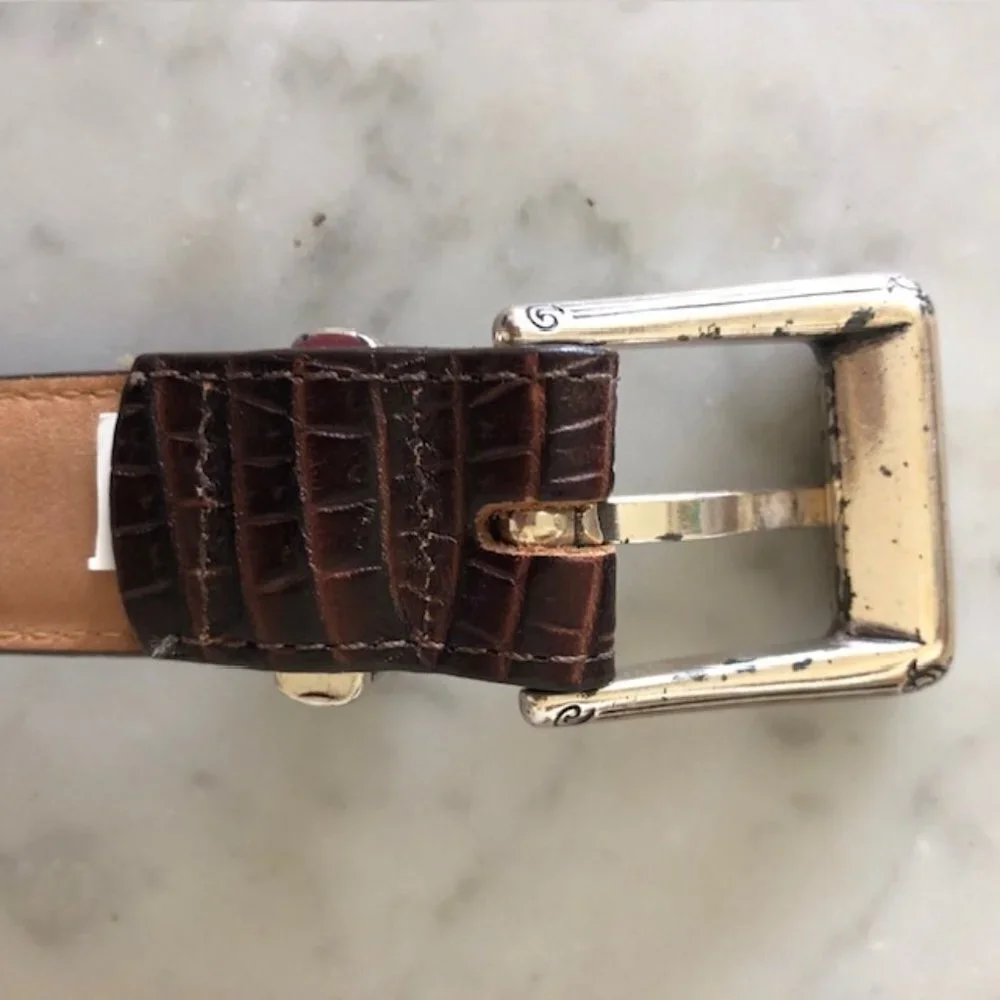 TALBOTS Crocodile Print Brown Western Silver Scroll Buckle Belt Large